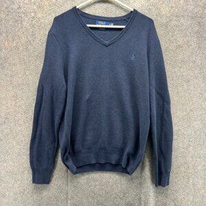 Polo Ralph Lauren Pullover Sweater Mens Medium Blue Navy V Neck Pima Cotton